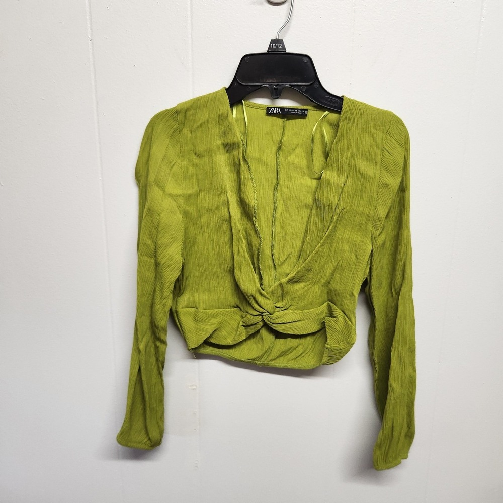 Zara Blouse Womens XS Green Pleated Cropped Twist Front V Neck Long Sleeve Top